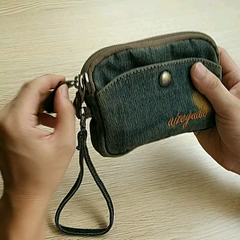 Vintage Womens Black Denim Wristlet Card Purse Denim Wristlet Coin Key Wallet for Women