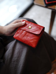 Vintage Womens Red Leather Billfold Wallet Small Wallet with Coin Pocket Mini Envelope Wallet for Ladies