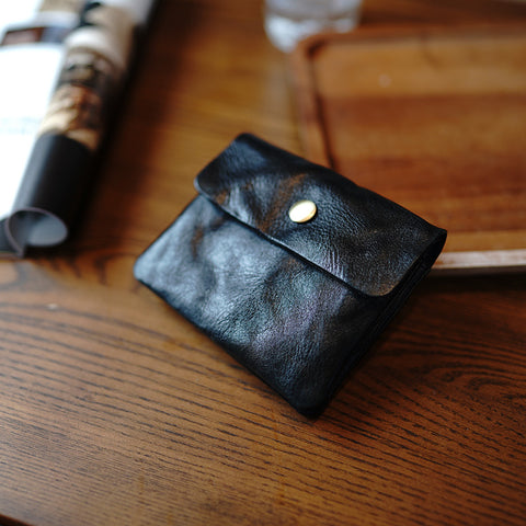 Vintage Womens Black Leather Billfold Wallet Small Wallet with Coin Pocket Mini Envelope Wallet for Ladies