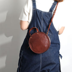 Vintage Womens Coffee Leather Round Handbag Purses - Open View