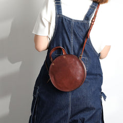 Vintage Womens Coffee Leather Round Handbag Purses Coffee Round Shoulder Bag Crossbody Handbag for Women