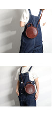 Vintage Womens Black Leather Round Handbag Purses Black Round Shoulder Bag Crossbody Handbag for Women