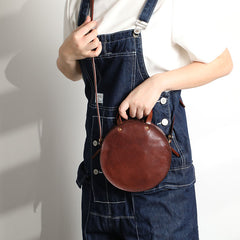 Vintage Womens Coffee Leather Round Handbag Purses - Side View