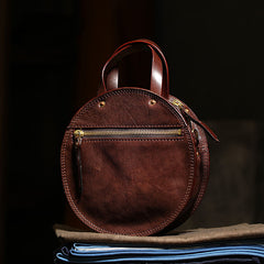 Vintage Womens Coffee Leather Round Handbag Purses - Stitching Detail