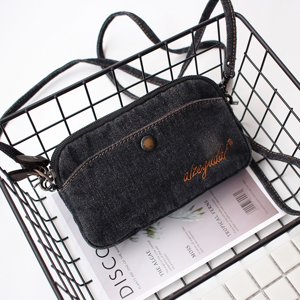 Vintage Womens Black Denim Phone Shoulder Bag - Back View