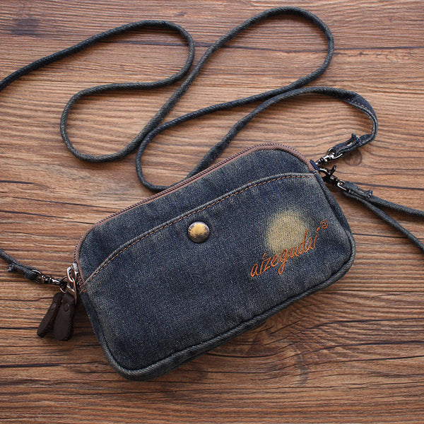 Vintage Womens Blue Denim Phone Shoulder Bag - Back View