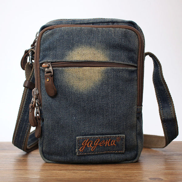 Vintage Womens Blue Denim Vertical Side Bag - Back View