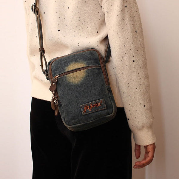 Vintage Womens Denim Vertical Side Bag Blue - Back View