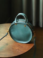 Vintage Womens Blue Leather Round Handbag Purses Blue Round Shoulder Bag Crossbody Handbag for Women