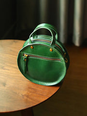 Vintage Womens Green Leather Round Handbag Purses Green Round Shoulder Bag Crossbody Handbag for Women