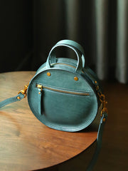 Vintage Womens Green Leather Round Handbag Purses Green Round Shoulder Bag Crossbody Handbag for Women