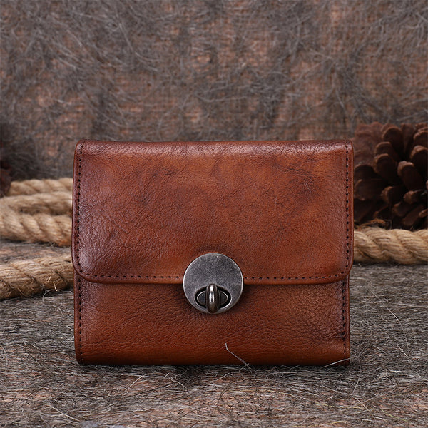 Vintage Womens Brown Leather Small Trifold Wallet - Chain Detail