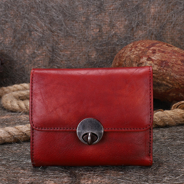 Vintage Womens Red Leather Small Trifold Wallet - Stitching Detail