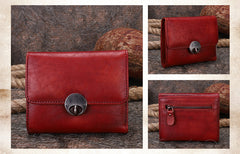 Vintage Womens Red Leather Small Trifold Wallet billfold Wallet Purse for Ladies
