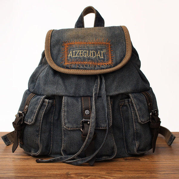 Vintage Womens Denim Backpacks School Backpack Blue - Back View