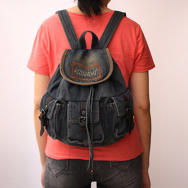 Vintage Womens Denim Backpack School Backpack Blue - Back View