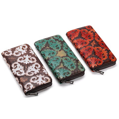 Vintage Womens Floral Red Leather Zip Around Wallet Floral Ladies Zipper Clutch Wallet for Women