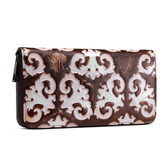 Vintage Womens Floral Red Leather Zip Around Wallet Floral Ladies Zipper Clutch Wallet for Women