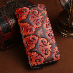 Vintage Womens Floral Red Leather Zip Around Wallet Floral Ladies Zipper Clutch Wallet for Women