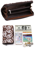 Vintage Womens Floral Coffee Leather Zip Around Wallet Floral Ladies Zipper Clutch Wallet for Women