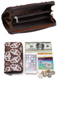 Vintage Womens Floral Red Leather Zip Around Wallet Floral Ladies Zipper Clutch Wallet for Women