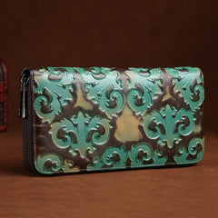 Vintage Womens Floral Red Leather Zip Around Wallet Floral Ladies Zipper Clutch Wallet for Women