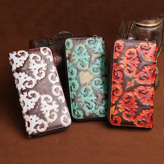 Vintage Womens Floral Red Leather Zip Around Wallet Floral Ladies Zipper Clutch Wallet for Women