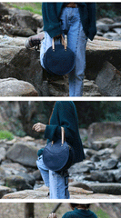 Vintage Womens Blue Leather Round Handbag Purses Green Round Shoulder Bag Crossbody Purse for Women