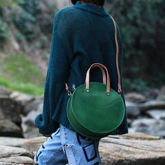 Vintage Womens Green Leather Round Handbag Purses Green Round Shoulder Bag Crossbody Purse for Women
