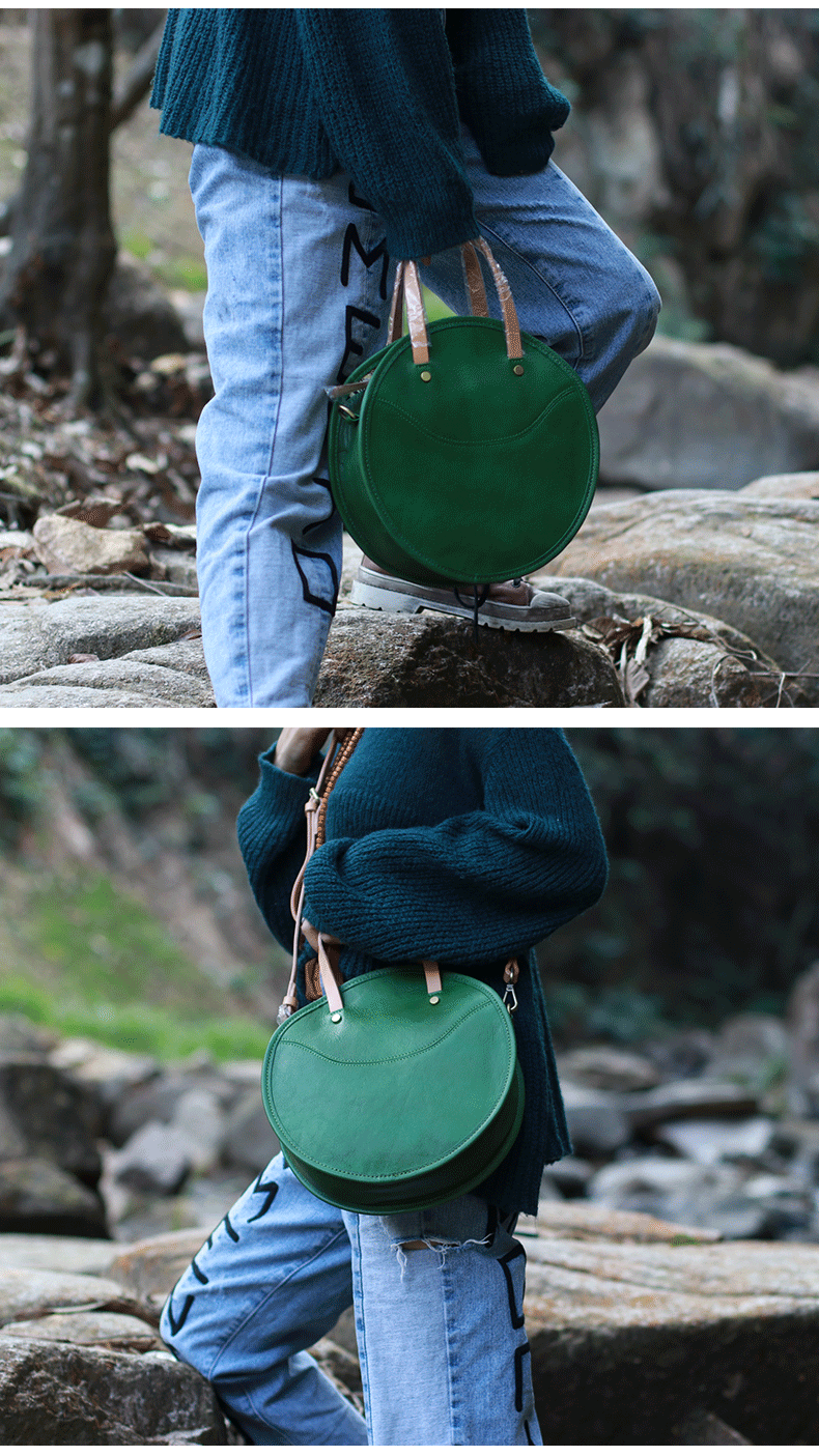 Vintage Womens Green Leather Round Handbag Purses Green Round Shoulder Bag Crossbody Purse for Women