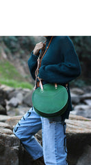 Vintage Womens Blue Leather Round Handbag Purses - Closure Detail