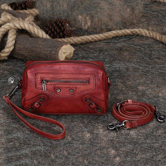 Vintage Womens Red Leather Wristlet Wallets Mini Shoulder Bag Small Crossbody Bag for Women