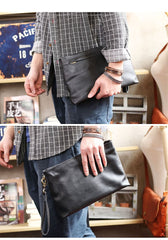 Vintage Black Soft Leather Mens Clutch Wallet Wristlet Bag Zipper Clutch Bag For Men