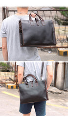 Vintage Black Mens Leather Briefcase Work Handbags Blue 14'' Computer Briefcases For Men