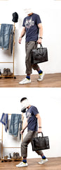 Vintage Black Mens Leather Briefcase Work Handbags Blue 14'' Computer Briefcases For Men