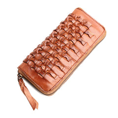 Vintage Braided Leather Mens Long Wallet Zipper Clutch Wallet For Men