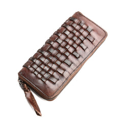 Vintage Braided Leather Mens Long Wallet Zipper Clutch Wallet For Men