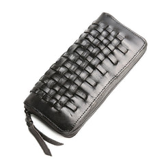 Vintage Braided Leather Mens Long Wallet Zipper Clutch Wallet For Men