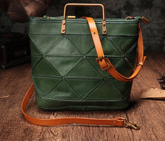 Vintage Brown Leather Handbag Tote Green Shopper Bag Shoulder Tote Purse For Women
