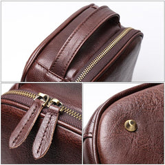 Vintage Brown Leather Men's Clutch Bag Double Zipped Small Wristlet Handbag Storage Bag For Men