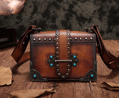 Vintage Brown Leather Small Rivet Shoulder Bag Retro Crossbody Purse For Women