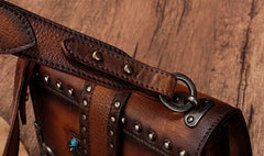 Vintage Brown Leather Small Rivet Shoulder Bag Retro Crossbody Purse For Women