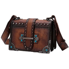 Vintage Brown Leather Small Rivet Shoulder Bag Retro Crossbody Purse For Women