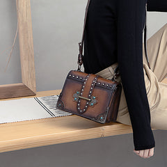 Vintage Brown Leather Small Rivet Shoulder Bag Retro Crossbody Purse For Women