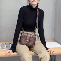 Vintage Brown Leather Small Rivet Shoulder Bag Retro Crossbody Purse For Women