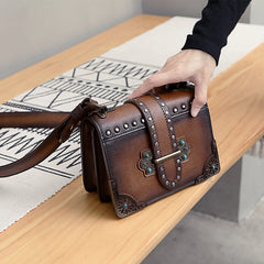 Vintage Brown Leather Small Rivet Shoulder Bag Retro Crossbody Purse For Women