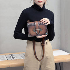 Vintage Brown Leather Small Rivet Shoulder Bag Retro Crossbody Purse For Women