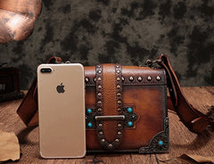 Vintage Brown Leather Small Rivet Shoulder Bag Retro Crossbody Purse For Women