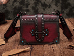 Vintage Brown Leather Small Rivet Shoulder Bag Retro Crossbody Purse For Women