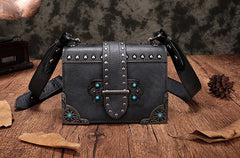 Vintage Brown Leather Small Rivet Shoulder Bag Retro Crossbody Purse For Women